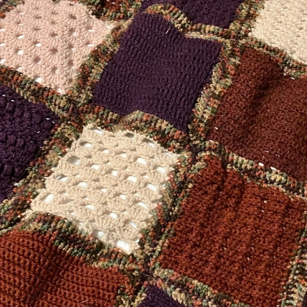 Handmade knit and crochet granny square wool  afghan 58” square